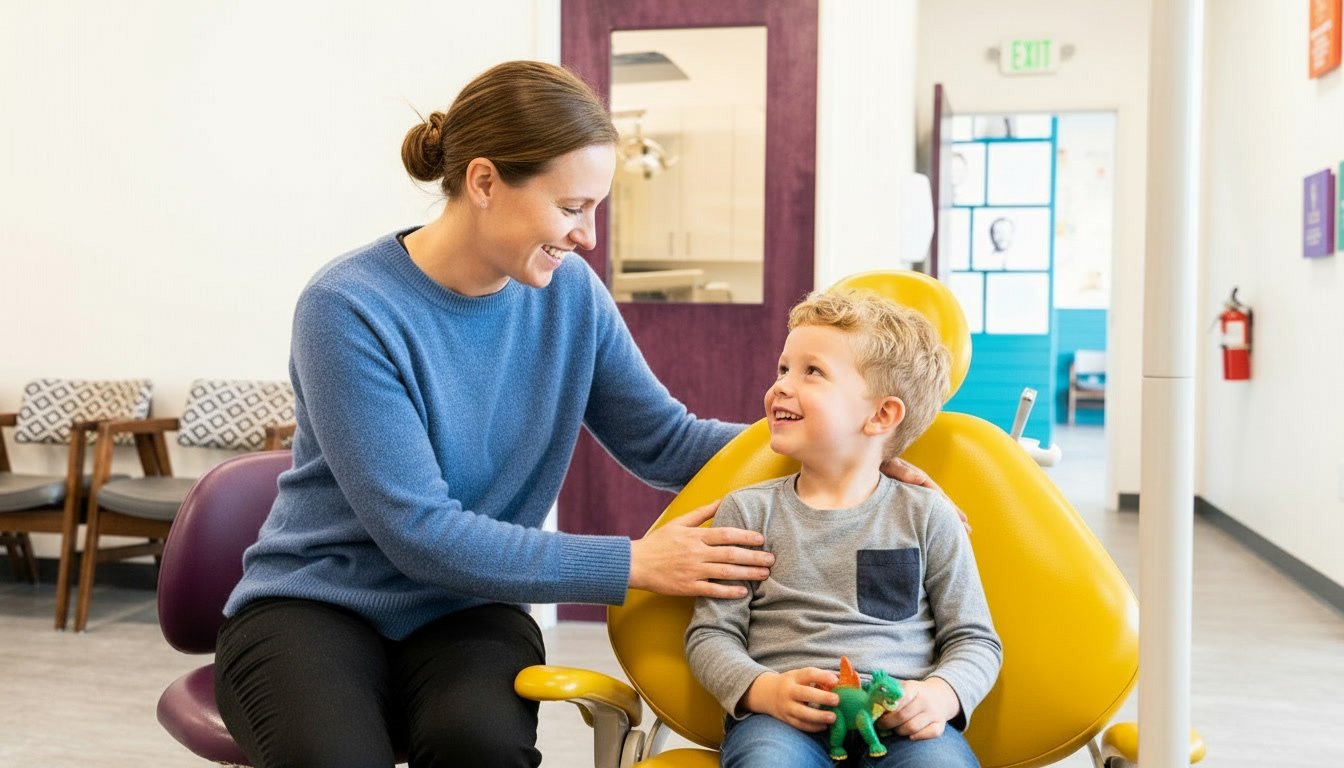 Parent comforting a child after a baby tooth extraction at GRiN